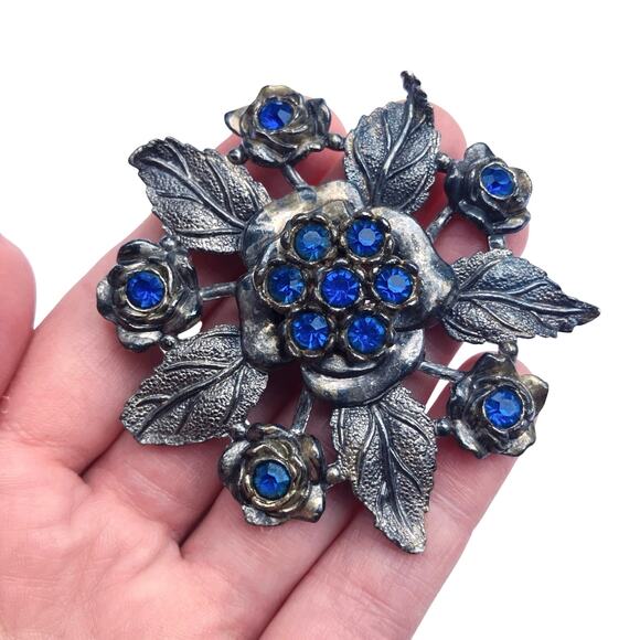 Vintage Mid Century Signed Little Nemo Floral Brooch Blue Rhinestone Flower Leaf - Picture 3 of 10